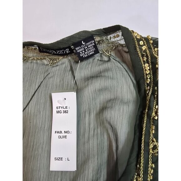 Olive Green Silk Chiffon top, cropped tie front by Magazine Size L New - Picture 10 of 13